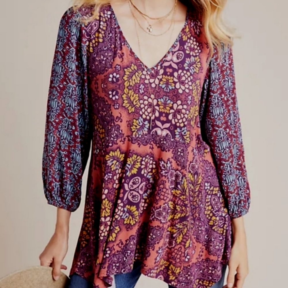 Anthopologie Maeve Top Burgundy Floral Puff‎ Sleeve